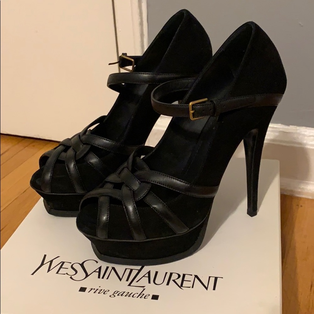 YSL suede black peep toe mary jane pumps